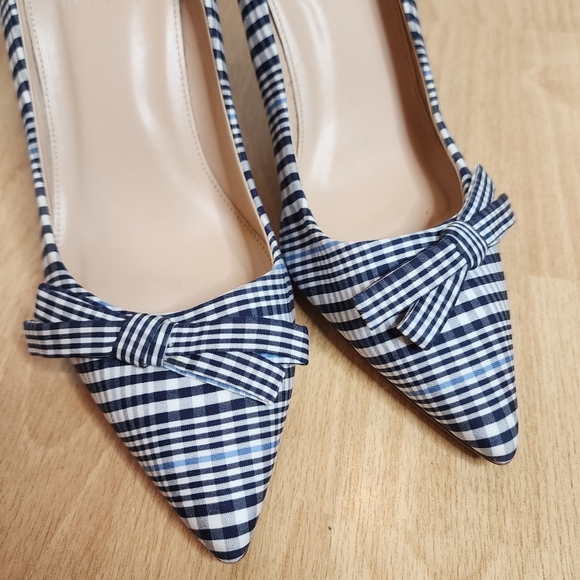 J. Crew Blue White Plaid Bow Pump Pointed Toe Heels Size 9.5 - Picture 15 of 16
